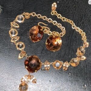 1950s Tawny Austrian Crystal Demi Parure Golden Topaz Clip Ons Necklace